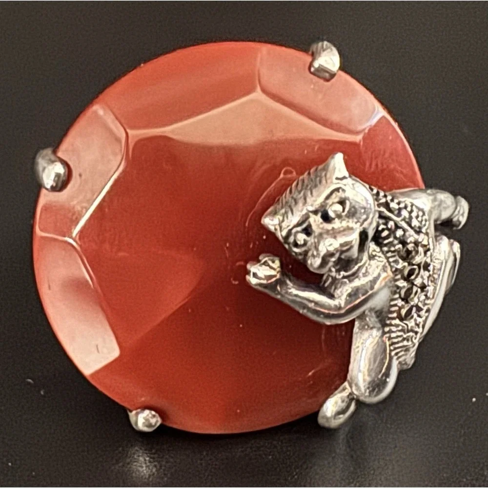 Sterling Silver Panther Carnelian Ring Size 8.5 Marcasite Art Deco Style 18.9 gm